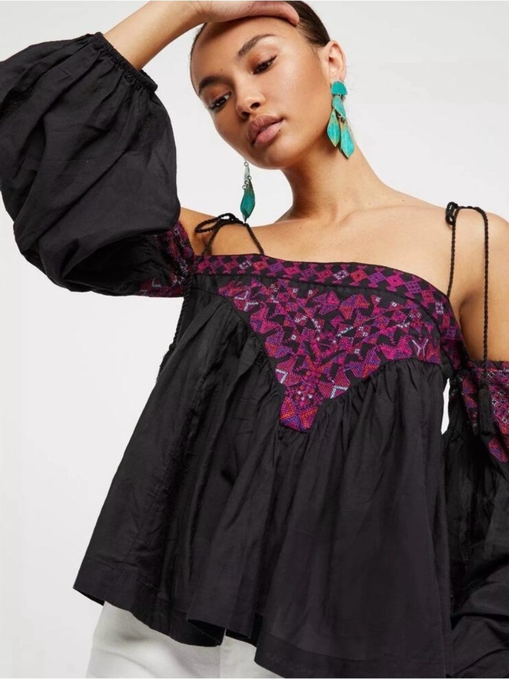 Free People Off-Shoulder Tunic with Pink Embroidered Yoke